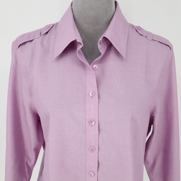Coldwater Creek Top Petite LP PL Lavender No Iron Cotton Blouse Epaulette Preppy - Picture 11 of 13